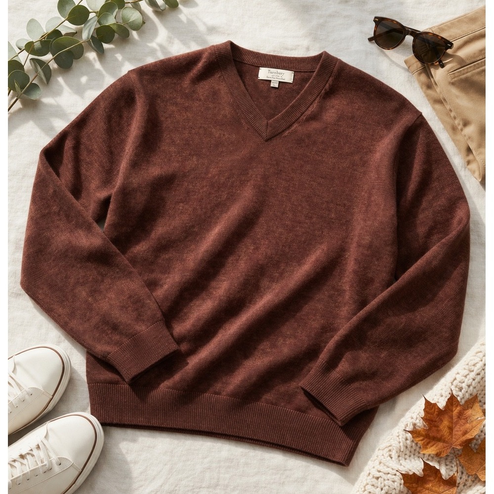Turnbury Merino Wool V Neck Sweater Mens Large Brown Lightweight Classic‎ Preppy